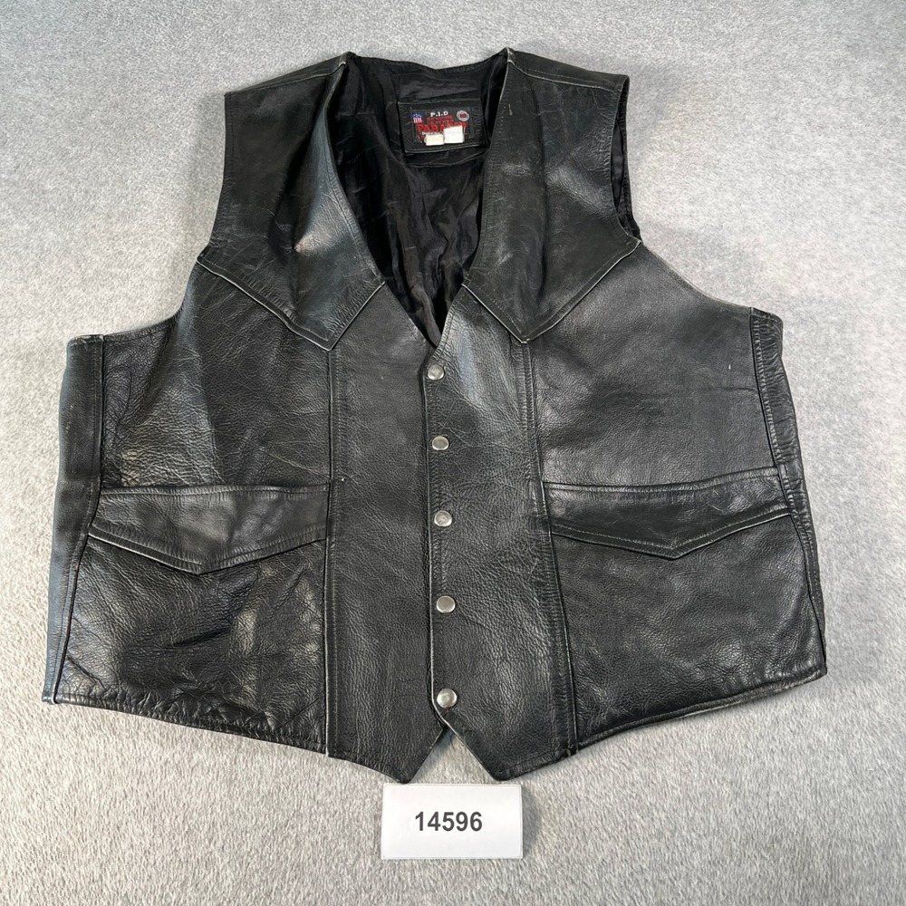 PID Paragon Genuine Leather Western Biker Vest Mens XL Black Snap Front Lined